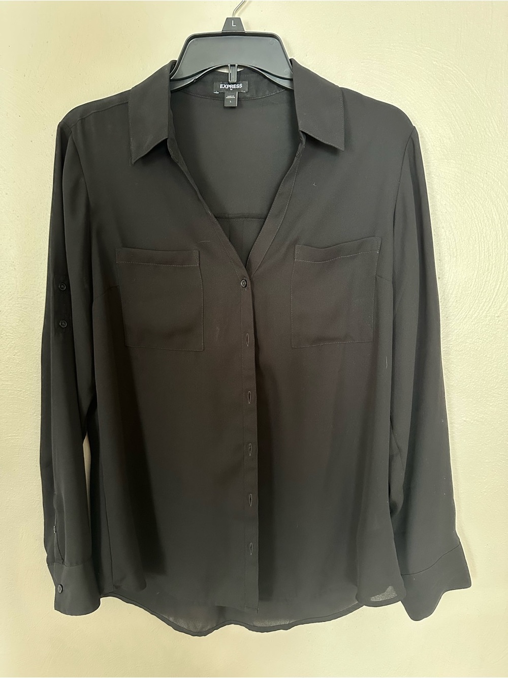 Express Black Button-Front Collared Blouse - Picture 2 of 5